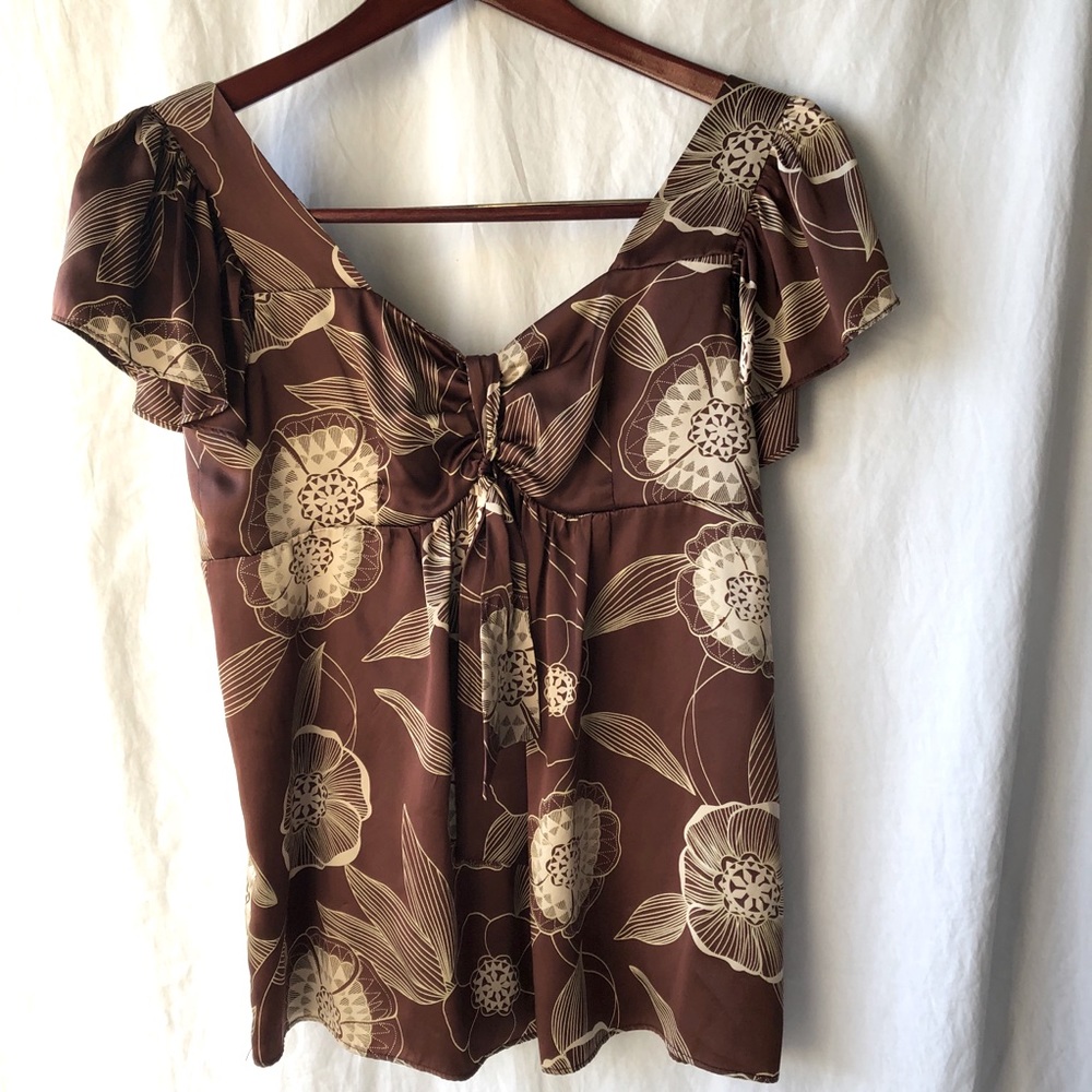 Brown silk cream floral design maternity top sz S